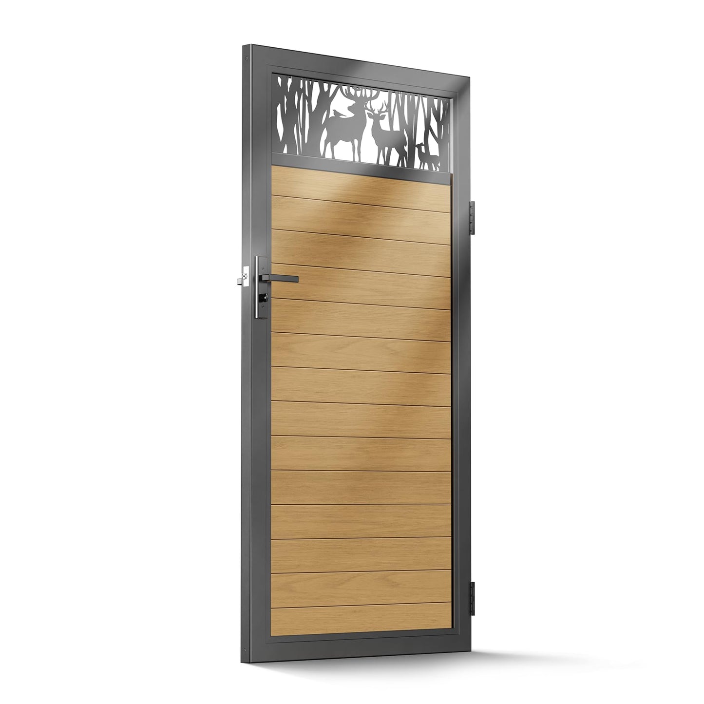 Brukid 3x6 FT Aluminum Fence Gate Kit Wood Grain Aluminum Gate with Decorative Cutout, Lock & Hinges, Left/Right Opening, Weather Resistant for Yard Garden Patio