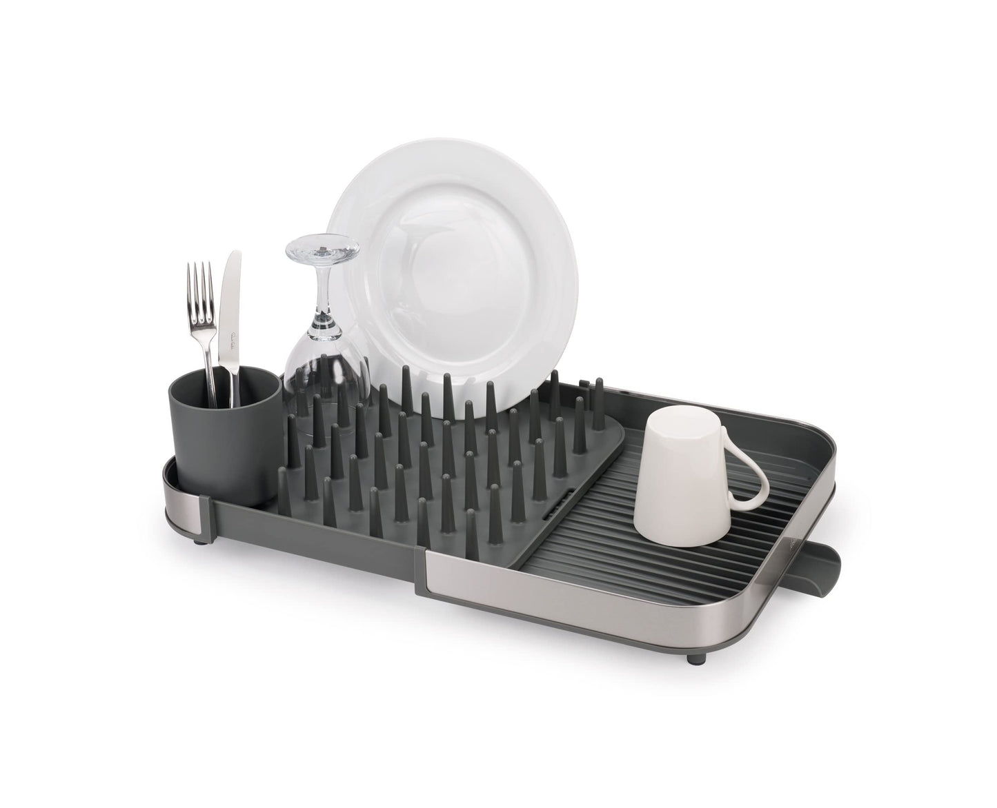 Joseph Joseph Expanding Dish Drying Rack with Removable Silverware Holder, Draining Spout, Stainless-Steel