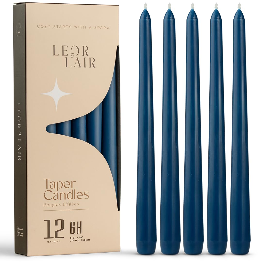 Leor & Lair Blue Taper Candles - 12 Pack 10" Blue Candlesticks - Unscented Long Burning Candle Sticks for Winter, July 4th Decoration, Dinner, Hanukkah, Weddings, Restaurants & Events