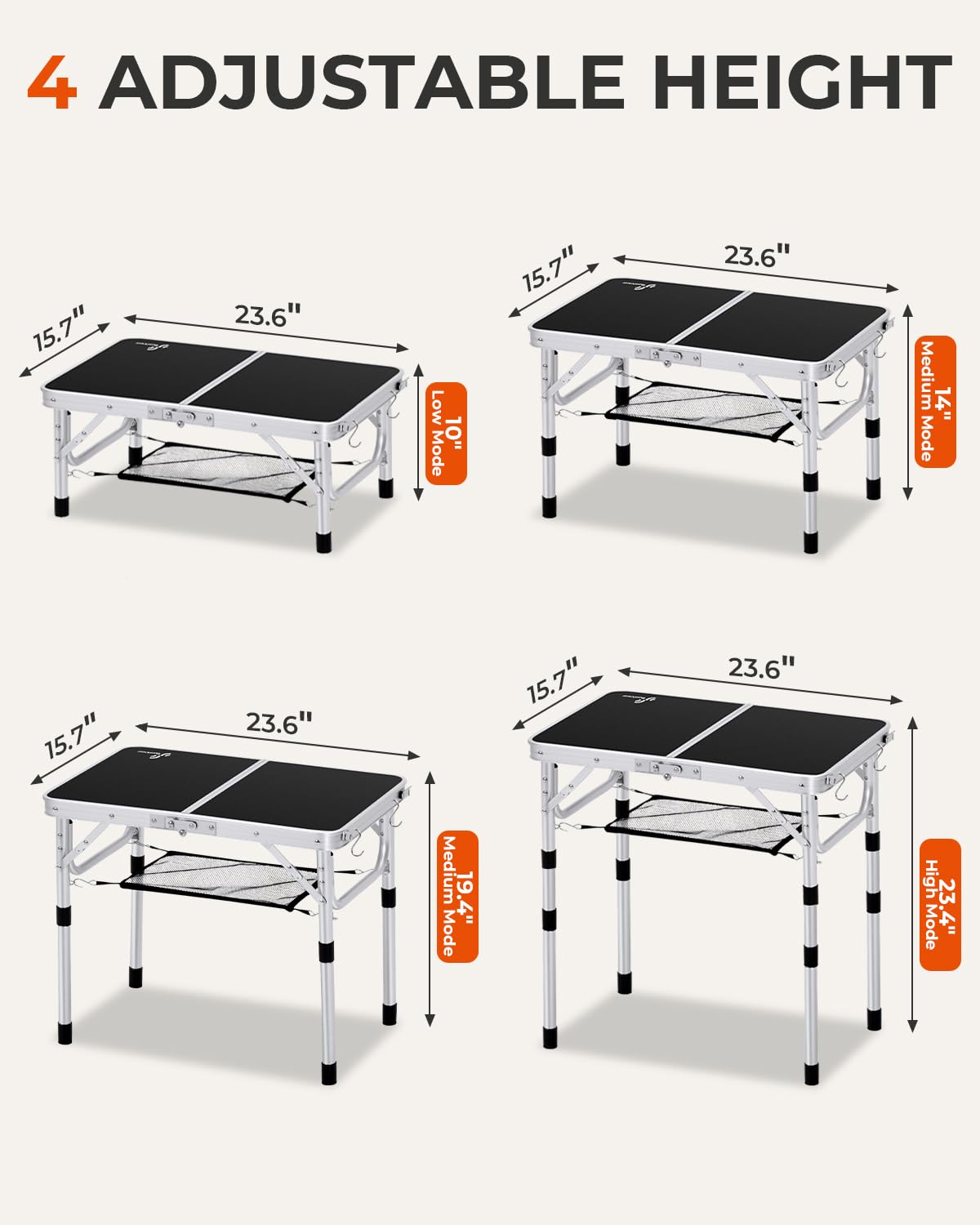 Sportneer Folding Table: Adjustable Height Camping Essentials 23.6" L x 15.7" W 3 Height with Mesh Layer - Compact & Portable Small Folding Table for Outdoor Camp Garden Picnic BBQ Dining Cooking