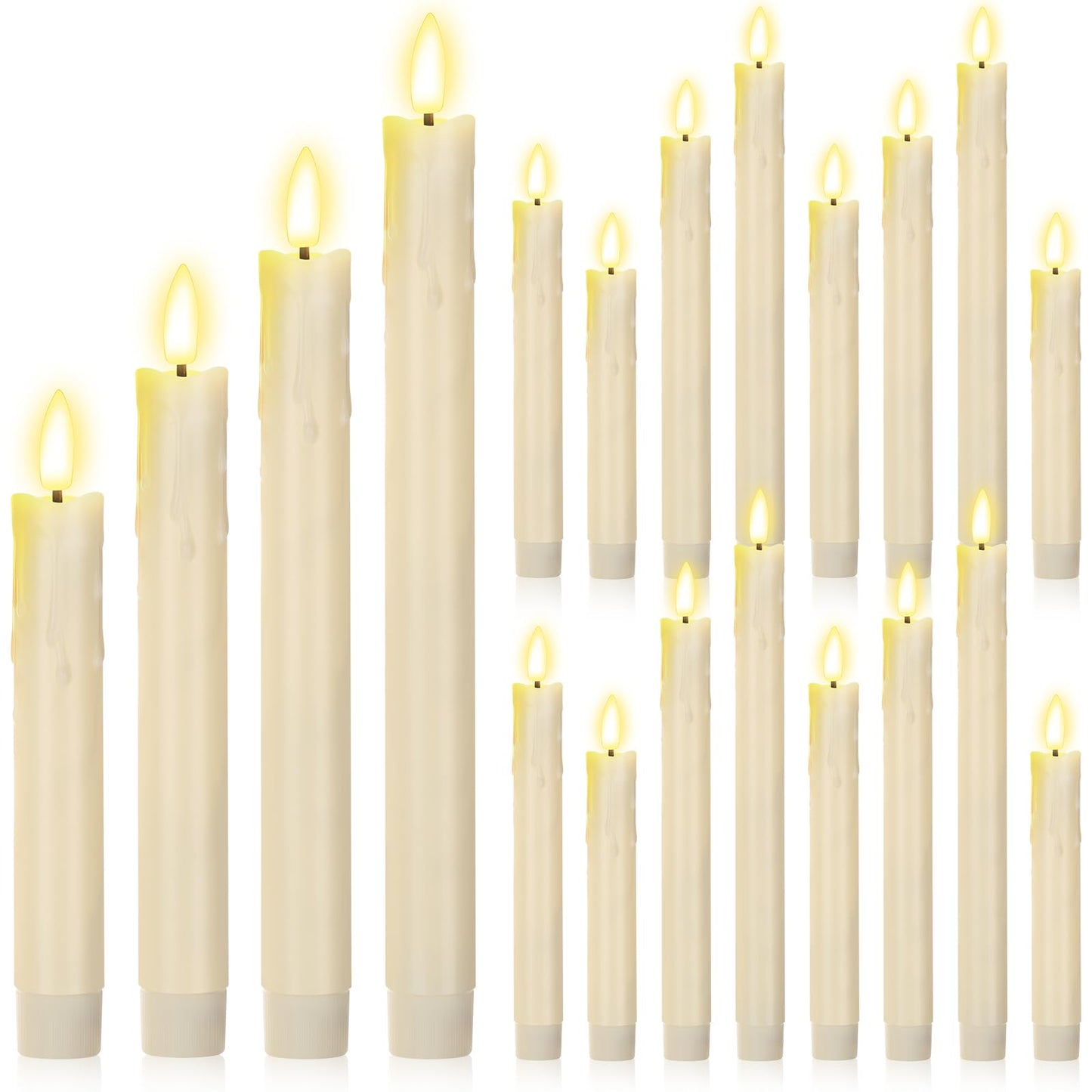 Macarrie 24 Pcs Ivory Flameless Taper Candles LED Battery Operated 6.5'', 7.7'', 8.8'', 10'' 3D Flickering Flame Candlesticks Drip Wax Shaped Candle for Valentine Anniversary Wedding Party Decoration