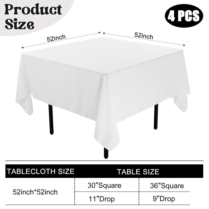 JALANCY 4 Pack Square Table Cloth 52x52 Inch White Tablecloth Machine Washable Fabric Polyester Table Cover for Dining, Buffet Parties, Picnic, Events, Weddings and Restaurants（White）