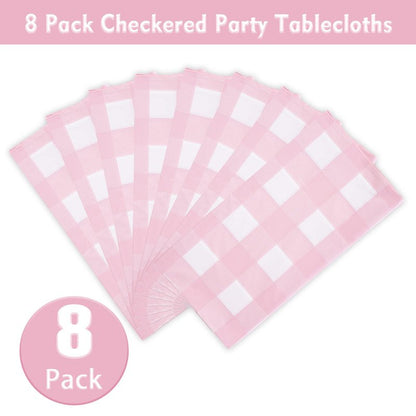 Kesfey 8 Packs Pink and White Checkered Tablecovers 54 x 108 Inches Disposable Party Picnic Table Cloth SpillProof Plastic Gingham Tablecovers for Camping Decoration Party Favors