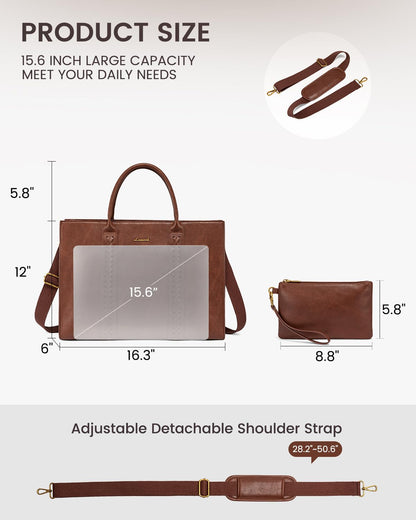 LOVEVOOK Laptop Tote Bag for Women, Vintage Leather Work Bag With Cup Holder, Waterproof Computer Purse, Professional Briefcase Office Shoulder Handbag, 15.6 Inch, Brown