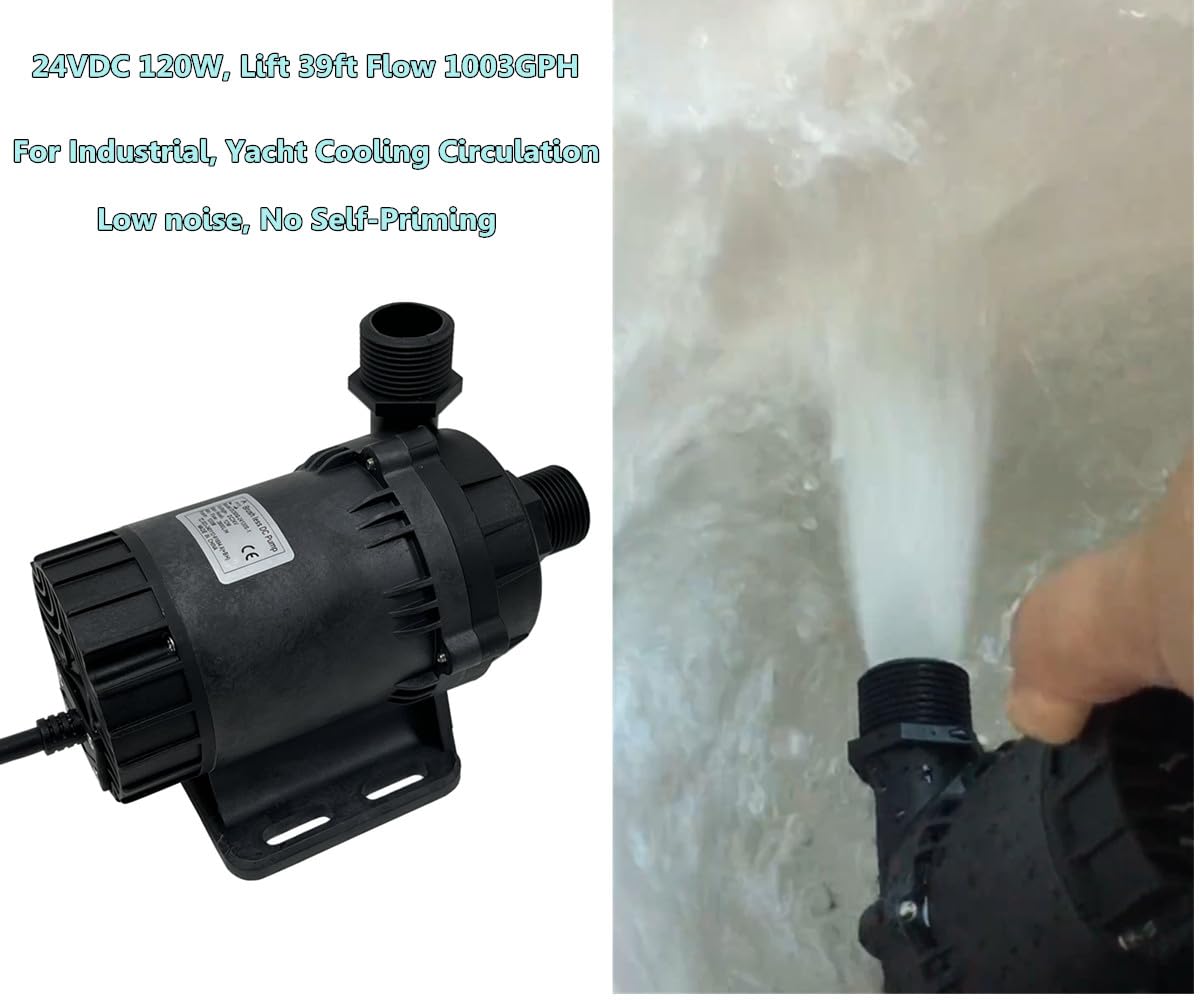 SHYSKY Heavy Duty Low Noise 24V 120W Micro Brushless DC Water Pump DC60G-24120S-1 39ft 1003GPH, DRY RUN Protection, For Cooling Circulation Pressure Sys