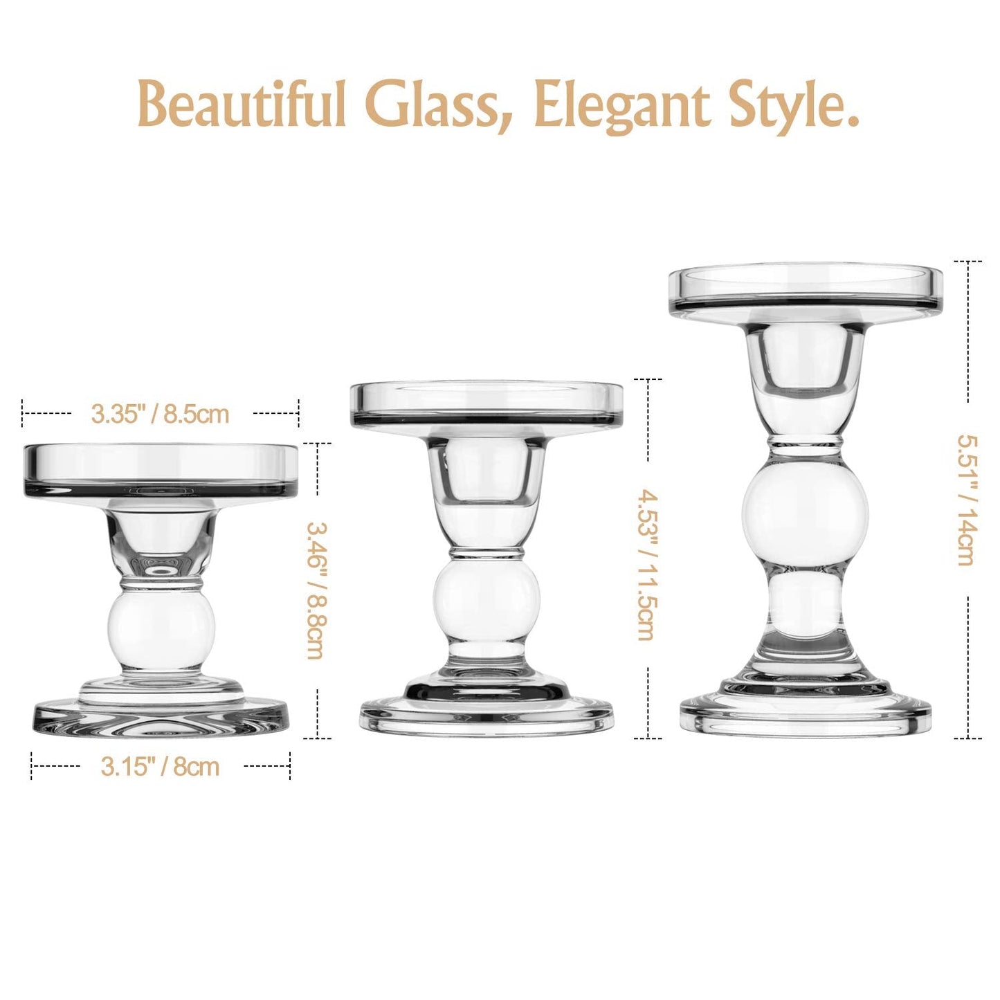 Lewondr Glass Candle Holders, 3 Pieces Crystal Clear Candlesticks with Elegant Design for Pillar Taper Candle and Tea Light, Home Table Living Room Wedding Party Decorations Home Décor - Clear