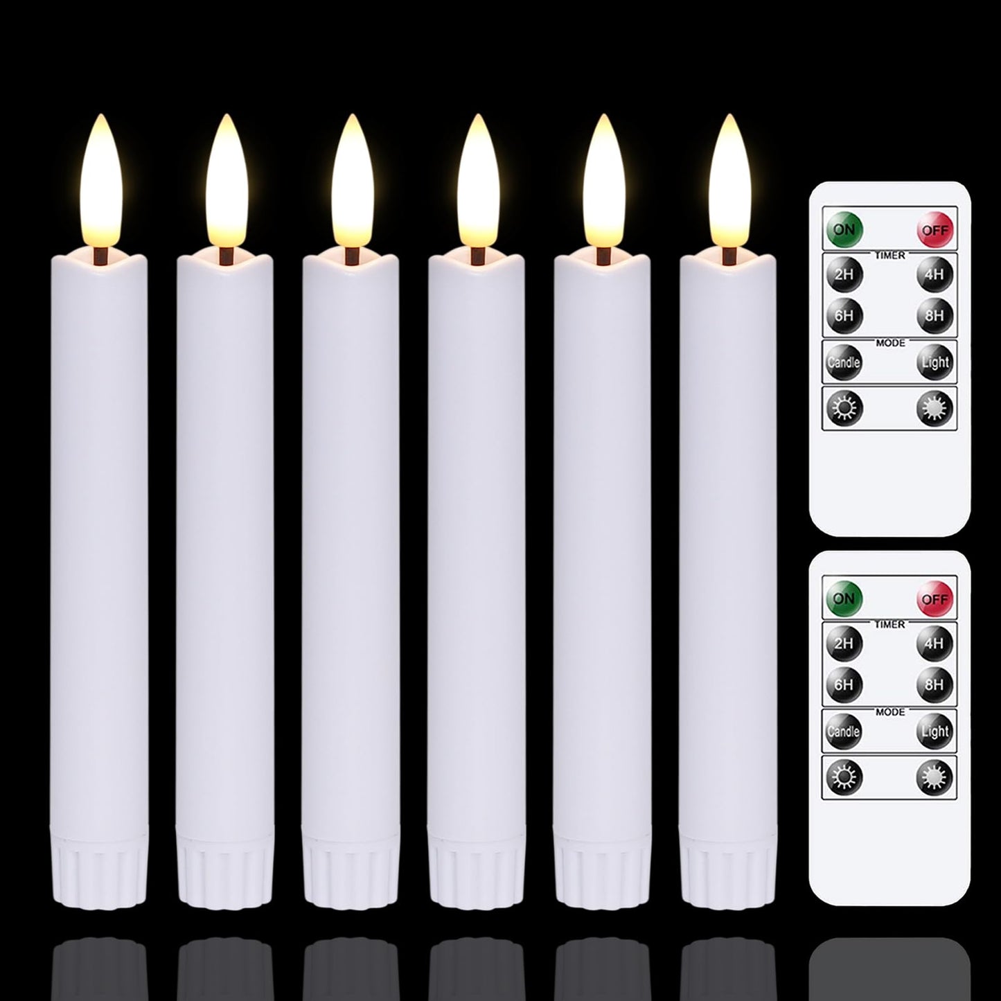 Yeelida Battery Operated Flameless Taper Candles with Two Remote Timer, 6.4" LED 3D-Wick Window Candles, Flickering Long-Lasting Warm Light Electric Pack of 6 Flameless Candlesticks (0.78" Dia, White)