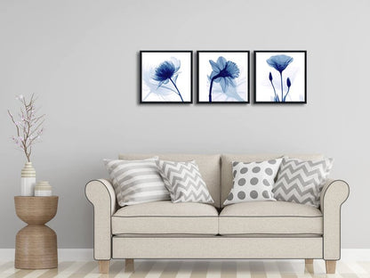 Wieco Art Framed Blue Abstract Flowers 3 Panels Canvas Prints Wall Art Modern Pictures Artwork for Living Room Bedroom Home and Office Decorations with Black Frame