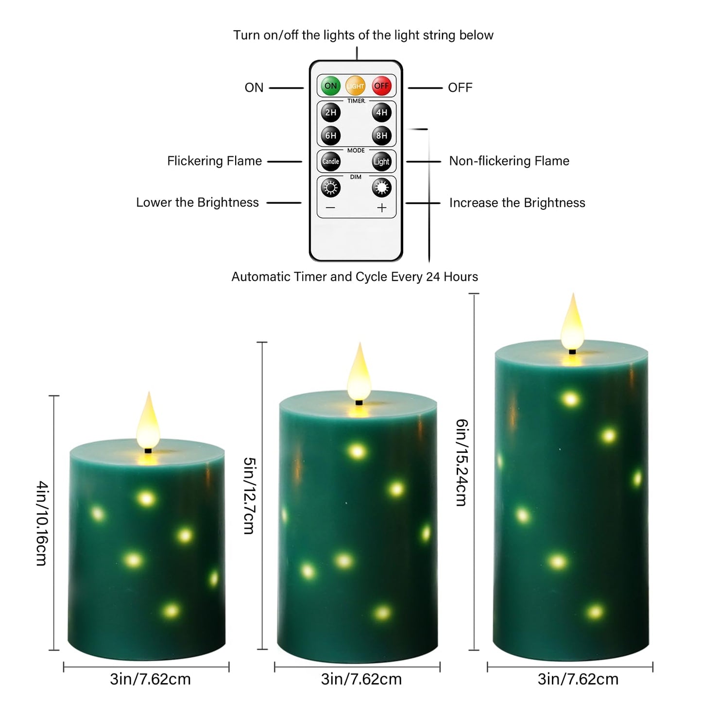 JINYANIA Flameless Candles with Embedded Star String, Real Wax Battery Operated Candles with Remote Timer, Flickering Pillar LED Candle Set for Home Decor Romantic Ambiance （Green）