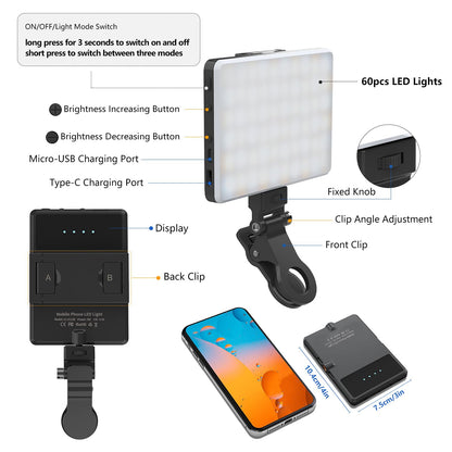 Selfie Light, Phone Light with Front & Back Clip, 60 LED Portable Light with 3 Modes, 5000mAh Rechargeable Video Light for Phone, iPhone, IPad, Laptop, TikTok, Makeup, Live Stream, Vlog