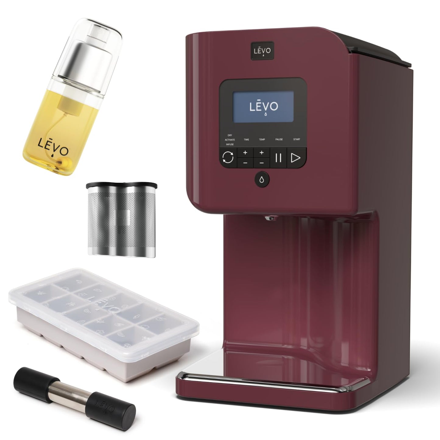 LEVO II+ Infuser Essential Bundle in Mulberry Red – Includes Herb Press, Herb Block Tray (Grey), Extra Power Pod & Infusion Sprayer - Make Your Own Infused Oils & Butter - Easy Herbal Infusion Kit