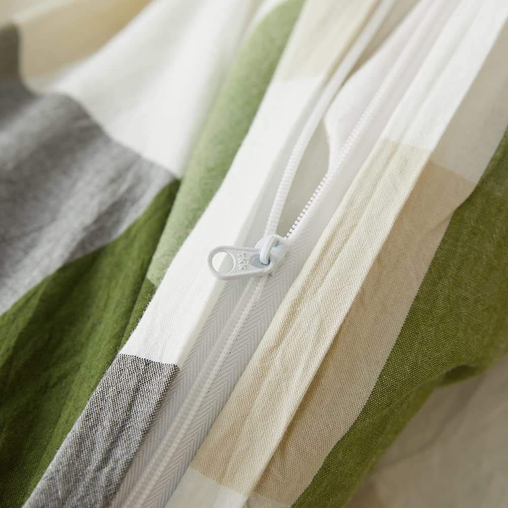 DONEUS 100% Washed Cotton Duvet Cover Set Super Soft Breathable Comfy Natural Linen Like Textured Bedding Set 3 Pieces with Zipper Closure (Green White Plaid, Queen)
