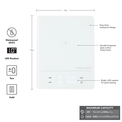 KitchenAid KQ913 Digital Waterproof (IPx7) Kitchen and Food Scale, LED readout, 11 Pound Max Capacity, White