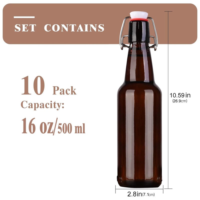 KITGLASCUP 16.5oz Amber Swing Top Glass Bottles for Airtight Lids, Home Brewing and Fermentation Kombucha, Vanilla Extract, Beverage, Water, Kefir (10 Pack)