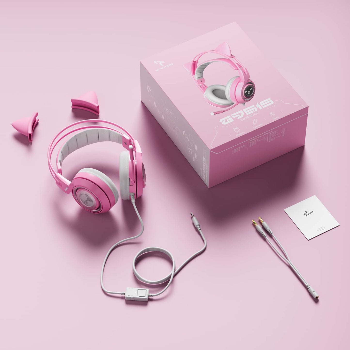 SOMIC G951s Pink Stereo Gaming Headset with Mic for PS4,Xbox,PC,Mobile Phone,3.5mm Noise Reduction Cat Ear Headphones Lightweight Over Ear Headphones for Woman
