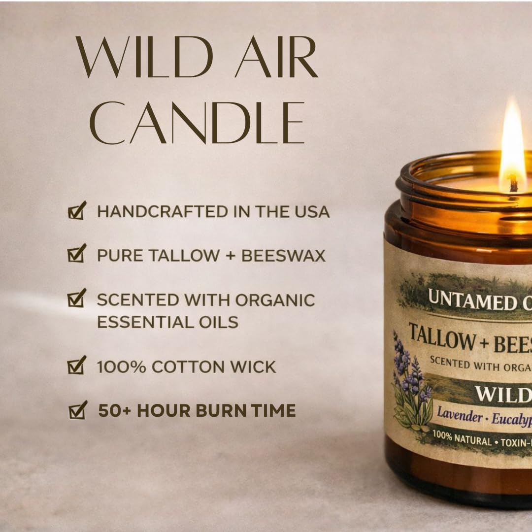 Untamed Organics Grass-Fed Tallow Candle, Essential Oil Scented (Lavender Eucalyptus Cedarwood), No Synthetic Fragrance, Non-Toxic, 100% Cotton Wick, Hand Poured, 8 oz Amber Glass Jar, 50+ Hr Burn