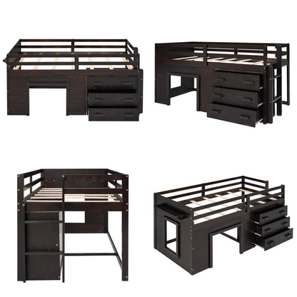 Merax Twin Wooden Loft Bed，Wood Bedframe for Kids Teens， Adults Bedroom with Cabinet, Shelf, Stairs, Espresso