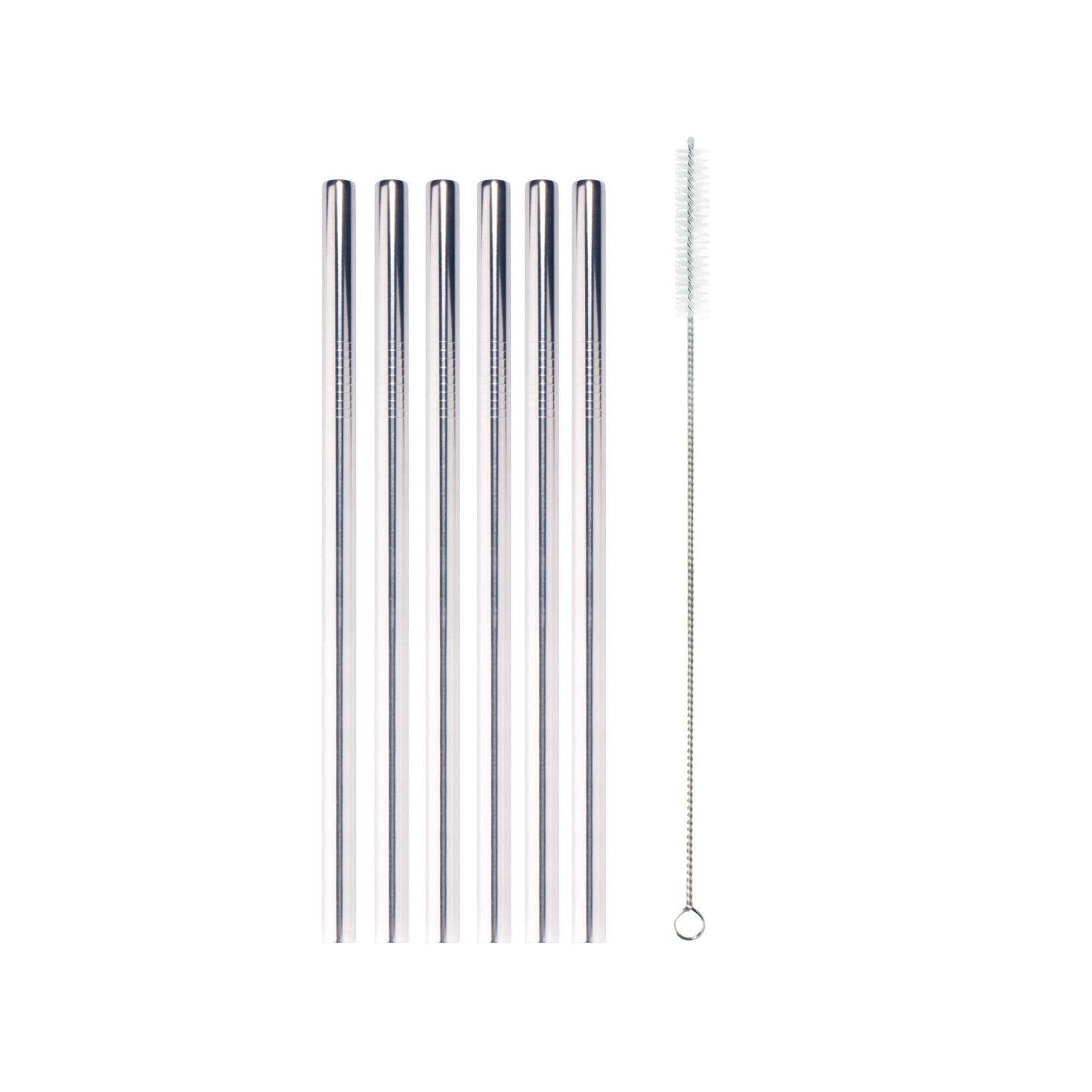 BambooMN Reusable Stainless Steel Metal Drinking Straws - 8.5" Thick Straight Straws w/ 1x Cleaning Brush - 6 Pack