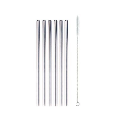 BambooMN Reusable Stainless Steel Metal Drinking Straws - 8.5" Thick Straight Straws w/ 1x Cleaning Brush - 6 Pack