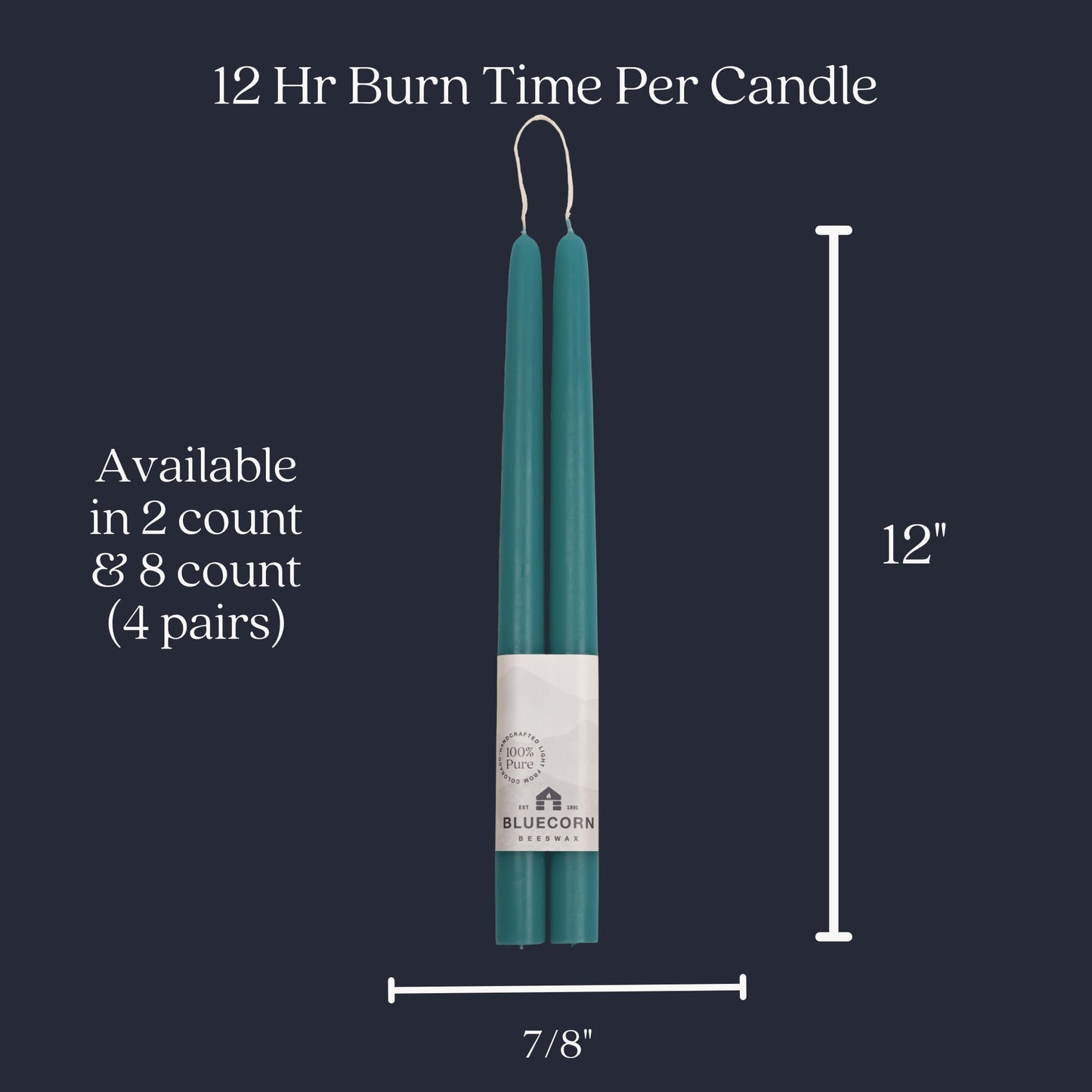 Bluecorn Beeswax Taper Candles, 100% Pure Natural Bees Wax, Pair of 12 Inch Teal Tapered Candlesticks, Clean Burning & Dripless, Fragrance Free, Long Lasting, Home Decor, American Made, 1 Count