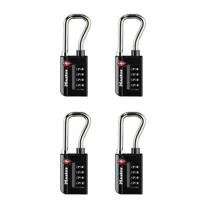 Master Lock Padlock, Set Your Own Combination TSA Accepted Luggage Lock, 1-5/16 in. Wide, Black, 4 pk, 4696EC4