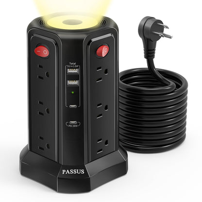 Long Surge Protector Power Strip 16 FT Cord, PD20W USB C Power Strip Tower with Night Light, Extension Cord with Multiple Outlets with 4 USB Ports, PASSUS Charging Station Home Office Essentials Black