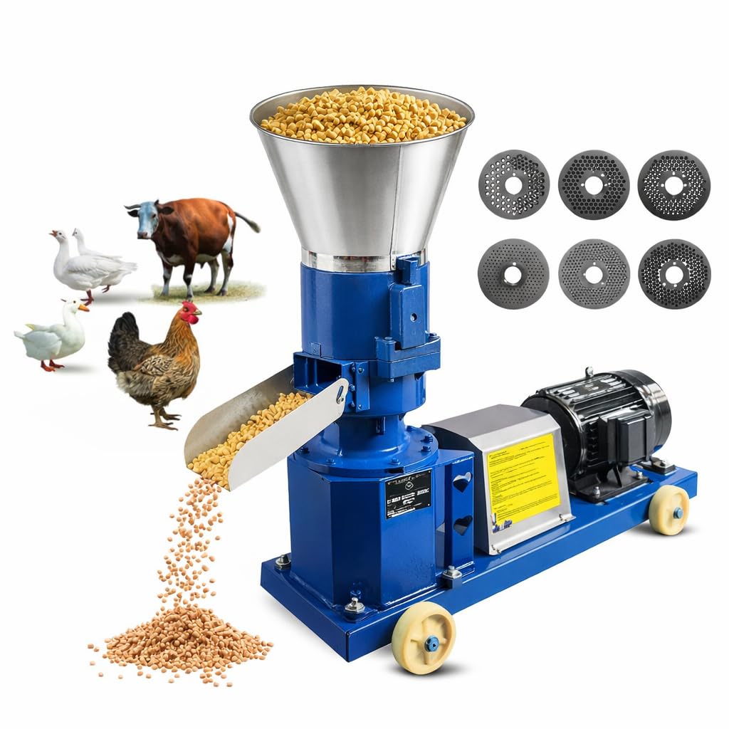 ProXlex 220V Pellet Feed Machine Animal Feed with 6 Grinding Discs 2.5/3/4/5/6/8mm 4 Head Rollers Feed Pellet Maker Mill Machine for Poultry Livestock Farm Animal 5.5KW 507 lb/h