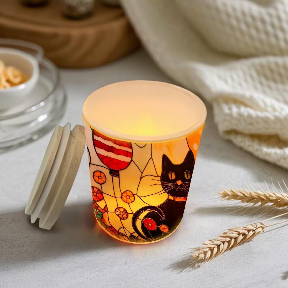 Stained Glass Black Cats Tea Light Candle Holders,Balloons Tealight Candle Holder Jar with Wooden Lid, Floral Votive Candlesticks for Table Centerpieces, Christmas,Birthday Party,Home Decor