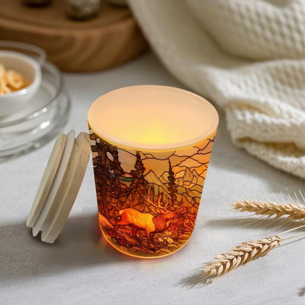 Stained Glass Elks Tea Light Candle Holders, Deer Tealight Candle Holder Jar with Wooden Lid, Pine Tree Votive Candlesticks for Table Centerpieces, Christmas,Birthday Party,Home Decor