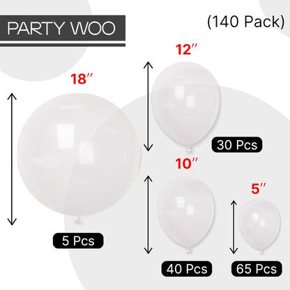 PartyWoo Clear Balloons - 140-Piece Transparent Balloon Arch Kit for Weddings, Graduations & Parties | 5-18 Inch Sizes
