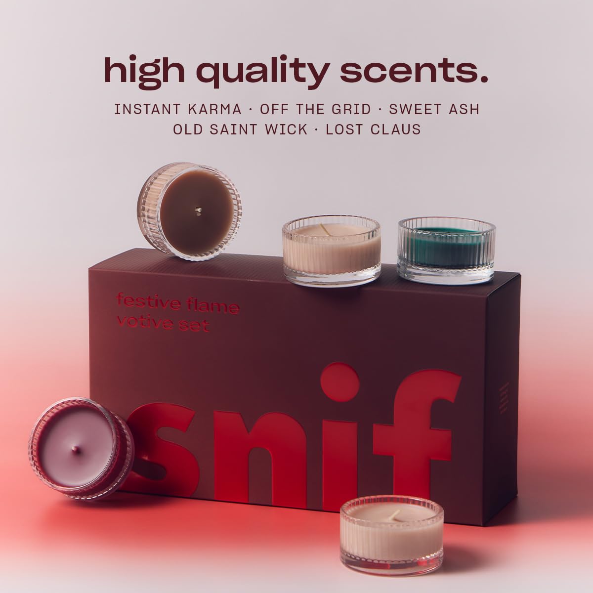 Snif Festive Flame Votive Candle Set, 5 Premium Holiday Scented Candles, 100% Cotton Fiber Wicks, Soy Wax Blend, Non-Toxic, Vegan