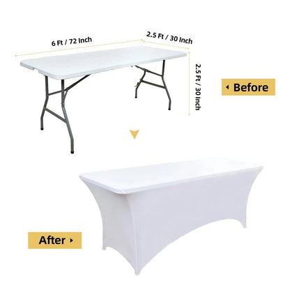 ZarzaaSik 6-Pack 6ft White Spandex Table Covers for Rectangle Standard Folding Tables - Wrinkle Resistant Stretch Tablecloths - Ultimate Fitted Table Protector for Parties, Trade Shows, Wedding