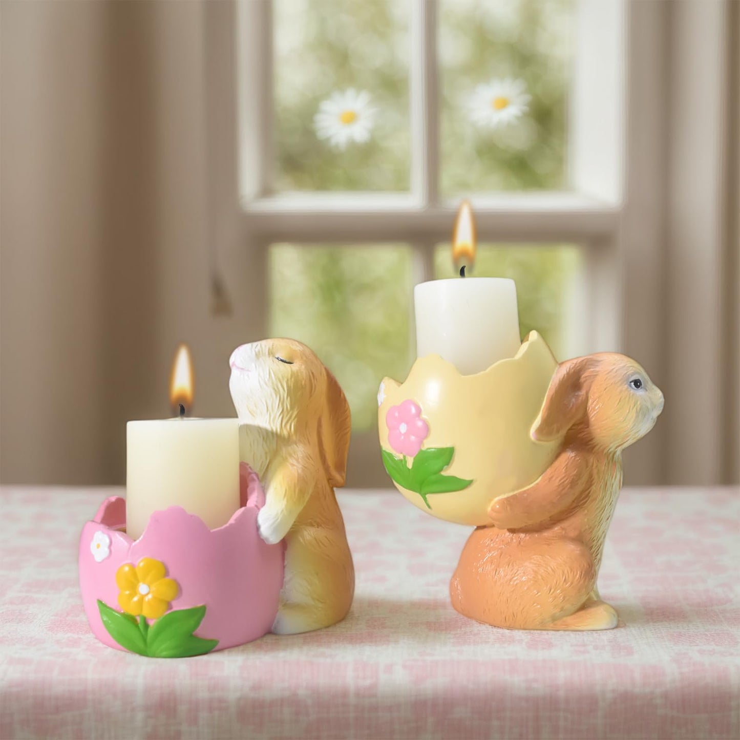 AMOYYT Easter Bunny Decorations Indoor Easter Bunny Figurines 3.5 inch Rabbit Figurines Home Decor 2Pcs Resin Rabbit Candle Holder Table Mantel Spring Decoration for Mom