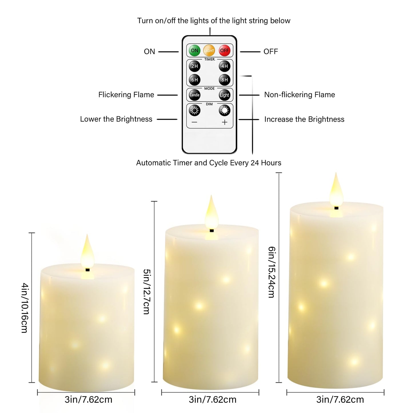 JINYANIA Flameless Candles with Embedded Star String, Real Wax Battery Operated Candles with Remote Timer, Flickering Pillar LED Candle Set for Home Decor Romantic Ambiance （Ivory）