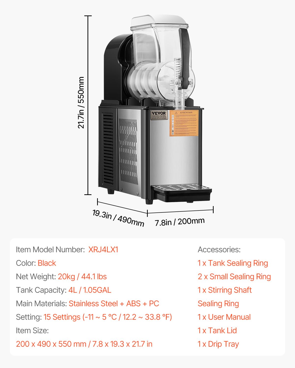VEVOR Commercial Slushy Machine, 4L Single Tank Frozen Drink Machine, 16 Cups Stainless Steel Margarita Smoothie Frozen Drink Maker, Slushie Maker for Home Party Restaurants Cafe Bars