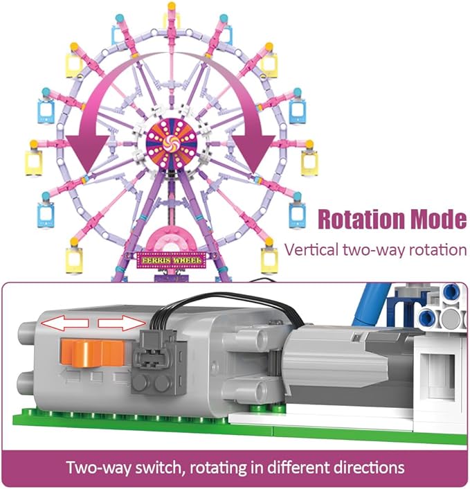 Rotating Ferris Wheel Building Blocks Kitwith Lights Amusement Park Building Construction Toys Set for 6+ Year Boys.Girls.Adult(870 Pieces) Pink
