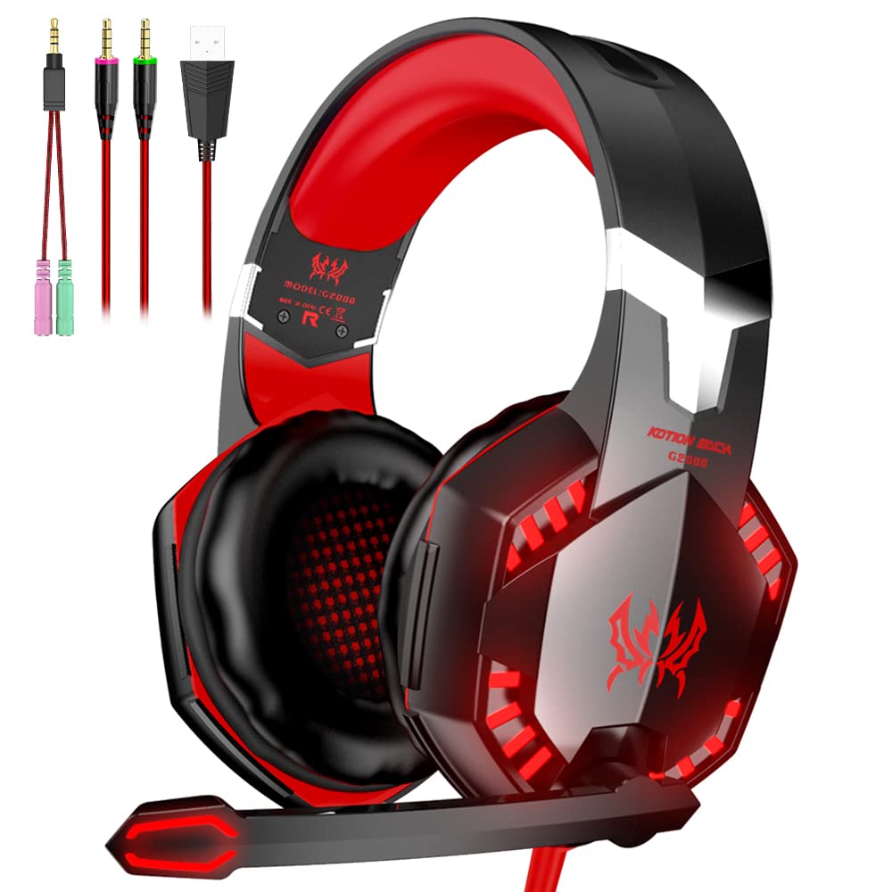 VersionTECH. G2000 Gaming Headset, Bass Surround Gaming Headphones with Noise Cancelling Mic, LED Lights, Soft Memory Earmuffs for PS5/ PS4/ Xbox One Controller/Laptop/PC/Mac/Nintendo NES Games-Red