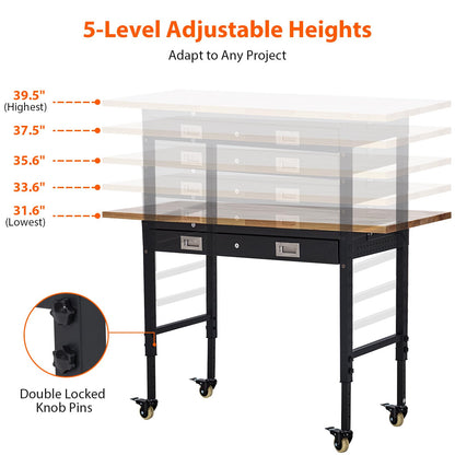 60 x 22 Workbench, Heavy Duty Adjustable Height Worktable with Rubber Wood Top, 2000 LBS Load Capacity, Tool Storage Station with Drawer, Power Outlets and Lockable Wheels, for Warehouse