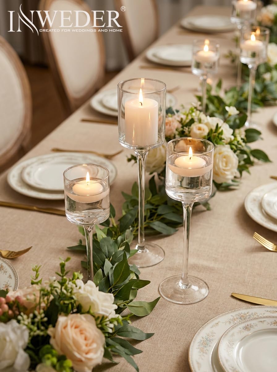 Inweder Tall Glass Candle Holder: Long Stem Floating Candle Holders for Tealight Votive and Pillar Large Clear Centerpieces for Wedding Table Party Home Set of 3