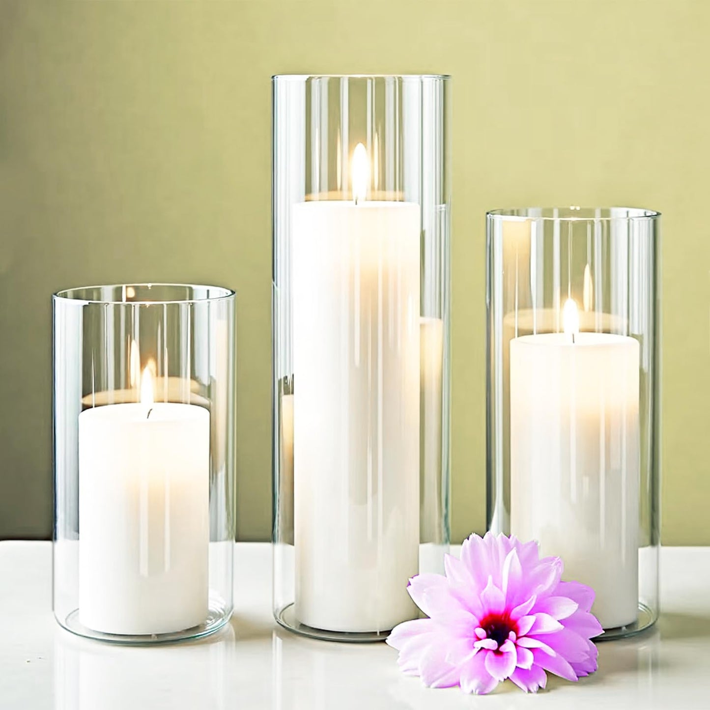 Sandraheer Elegant Ivory White Pillar Candles with Clear Ribbed Glass Holders 24 pcs (12 Unscented Candles+12 Candle Hoders) –Perfect for Weddings, Parties, Events, and Home Decor–Long-Lasting Burn