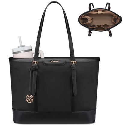 LOVEVOOK Work Tote Bag for Women 15.6 Inch Laptop Computer Bags with Cup Holder, Large Teacher Bag Briefcase for Business Office Travel Black, Nylon&PU