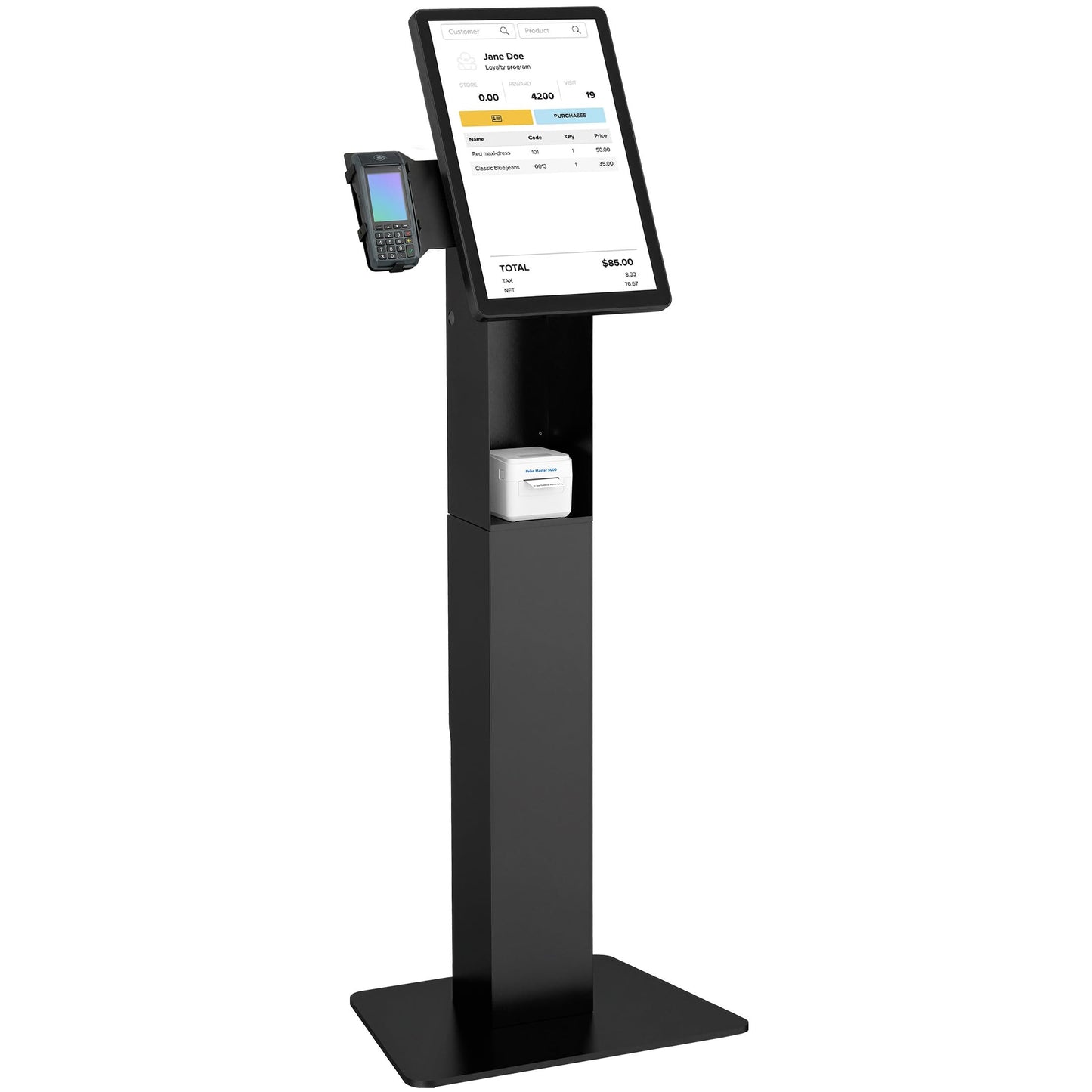 Mount-It! Kiosk Floor Stand For Monitors and VESA Compatible Digital Signage Displays with Printer Storage Slot and Card Reader Bracket, Fits 15" to 22" up to 22lbs - for Check-in & POS Stations Black