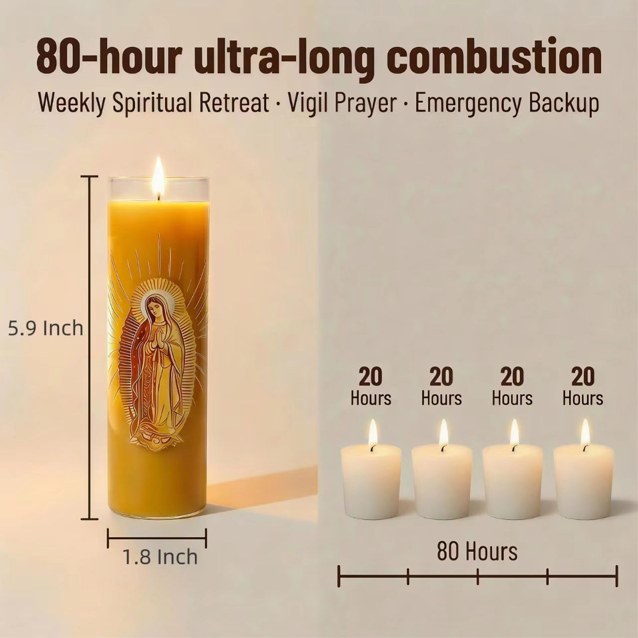 Virgen de Guadalupe Glass Beeswax Pillar Candle, 80-Hour Long Burning Smokeless Dripless Emergency Candle for Church, Prayer & Meditation, Christian Gifts for Women (Yellow, White)