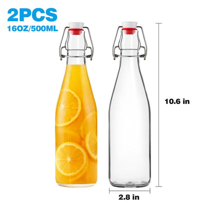 FrutPunch 16OZ Swing Top Glass Bottles, 2 Pack Flip Top Glass Bottle with Airtight Lid for Fermentation, Kombucha, Mead, Coquito, Vinegar, Beer, Kefir, Wine, Soda, Juice for Home Brewing