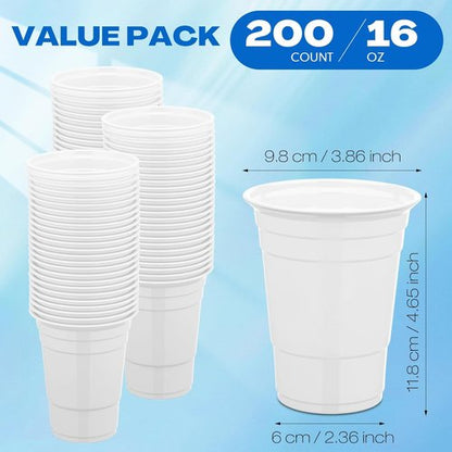 Bokon 200-Pack White Plastic Cups - 16 oz Disposable Drinking Cups for Parties & Events