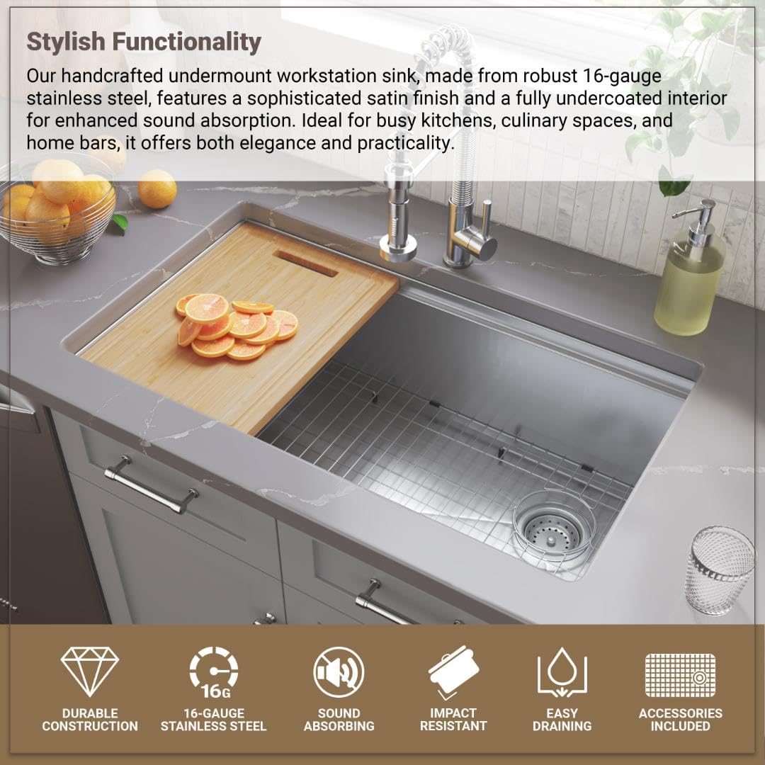 MSI Undermount Stainless Steel 33 in. x 19 in. Single Bowl Workstation Kitchen Sink with Cutting Board, Colander, Rolling Mat, Grid, and Strainer