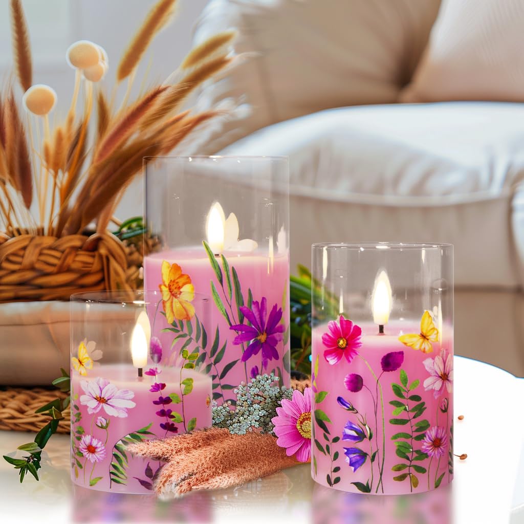 Eywamage Pink Floral Glass Flameless Candles with Remote, Flickering Spring LED Pillar Candles Battery Operated Home Decor Set of 3