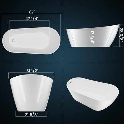 Freestanding Bathtub 67 inch Acrylic Oval Soaking Tub – All-White Design with Chrome Drain and Overflow Cover, Contemporary Stand Alone Bath for Family or Guest Use