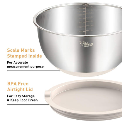 Wildone Mixing Bowls with Airtight Lids Set, 5PCS Stainless Steel Khaki Nesting Bowls for Kitchen, with Grater Attachments & Non-Slip Bottoms, Size 5, 3, 2, 1.5, 0.63 QT, Great for Mixing & Serving
