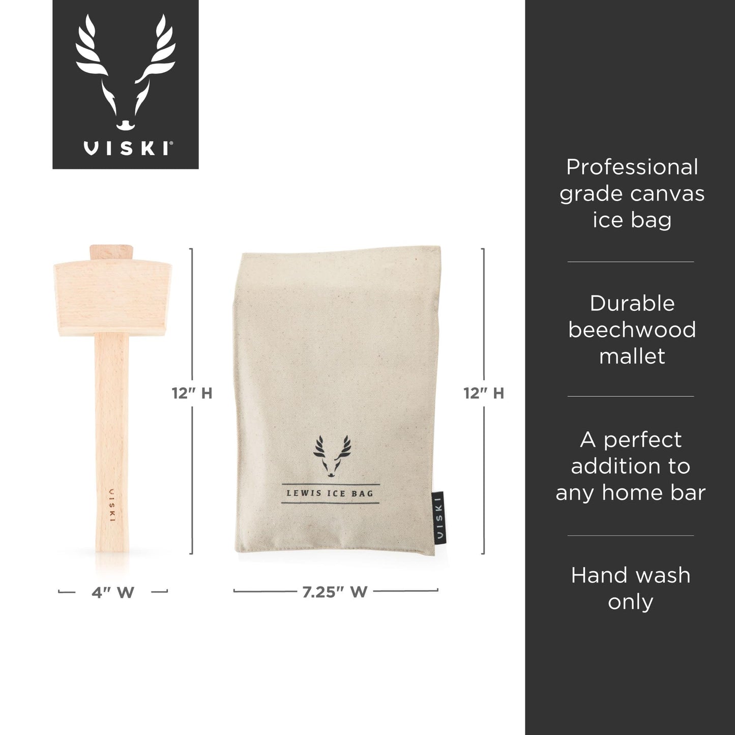 Viski Professional Lewis Ice Bag and Mallet, Manual Ice Crusher, Ice Crushers for Home Use, Bartender Kit & Bar Tools Kitchen Accessory, 12"